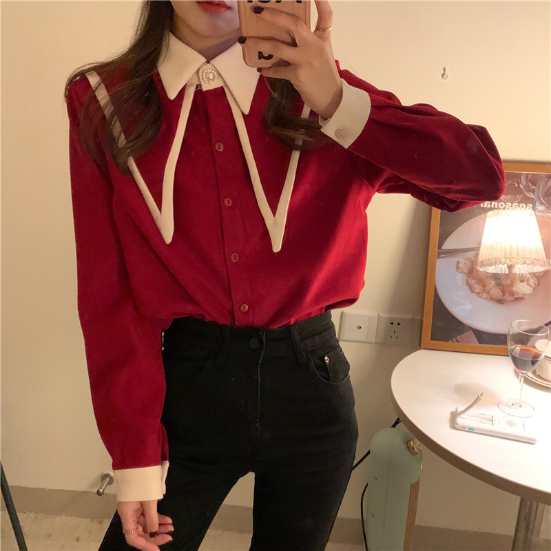 Real shot real price Korean spring versatile corduroy shirt design sense baby collar blouse girl