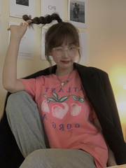 Real price summer peach pink print loose white round neck short sleeve shirt