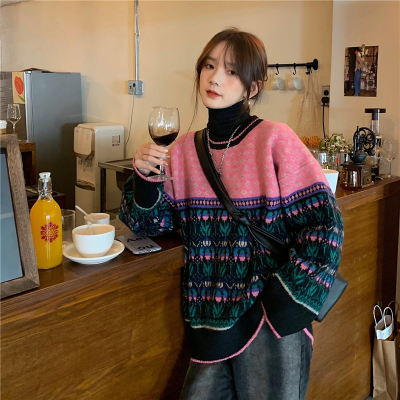 Real price winter Korean retro versatile loose jacquard lazy style knitted sweater