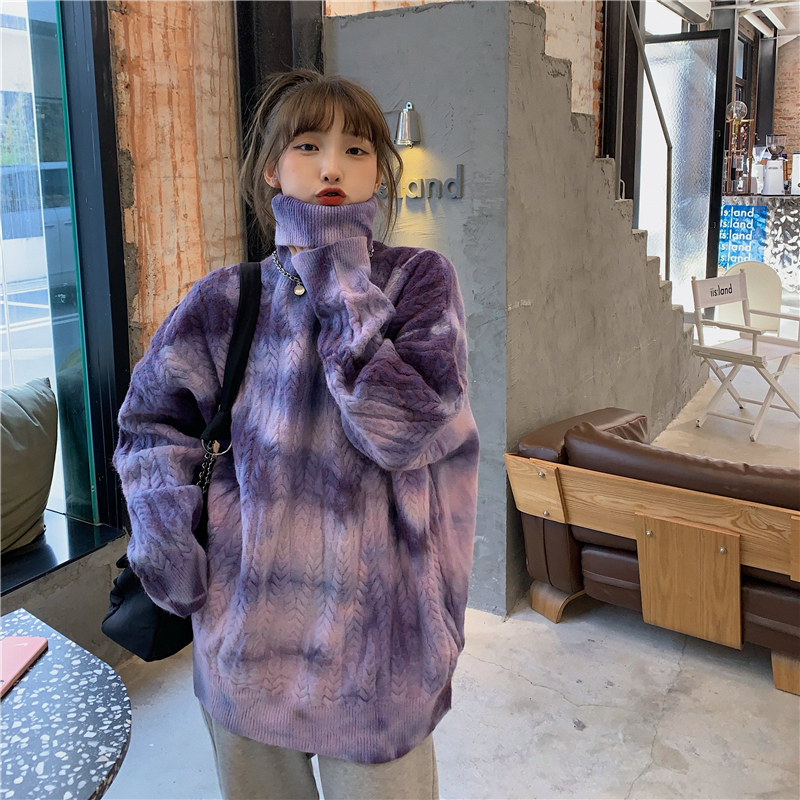 Real shot real price Korean Guima series retro versatile loose tie dyed thickened high necked sweater