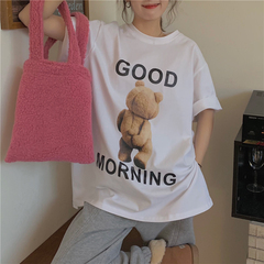 Real shot real price Korean lazy style loose and versatile bear print split round neck short sleeve T-shirt