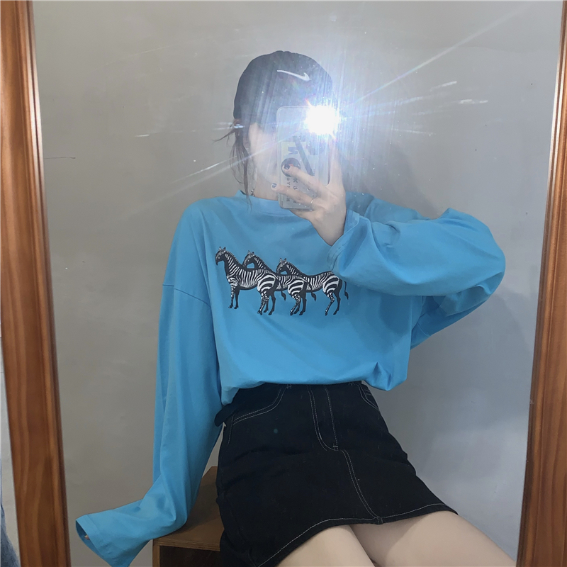 Real price spring Korean loose and versatile zebra print round neck long sleeve T-shirt