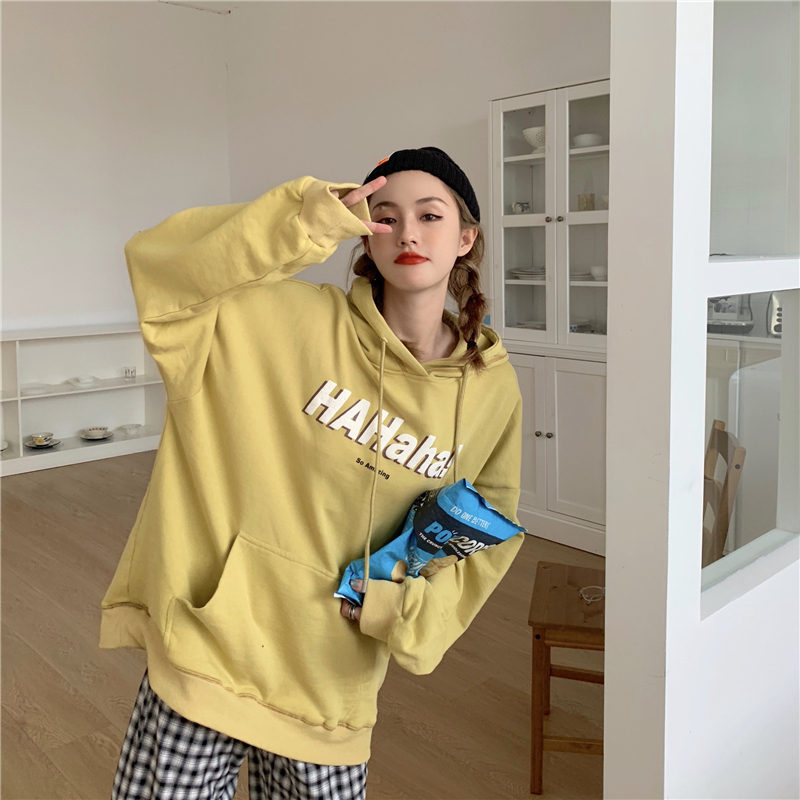 Real shot real price spring Korean drawstring hooded letter printed long sleeve sweater
