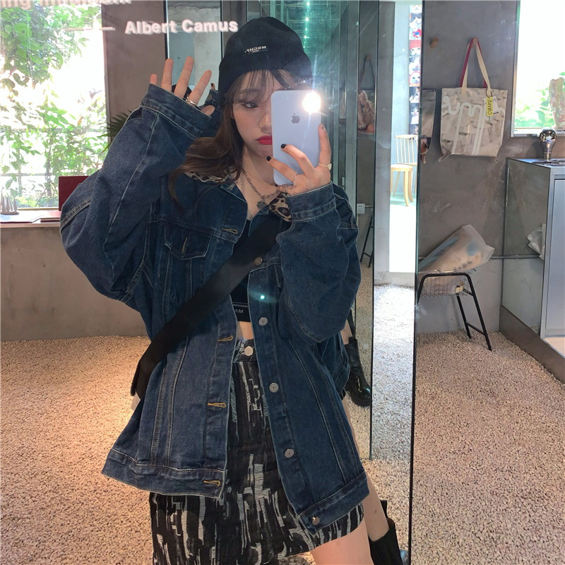 Korean version ins Harajuku leopard pattern splicing collar long sleeve denim jacket