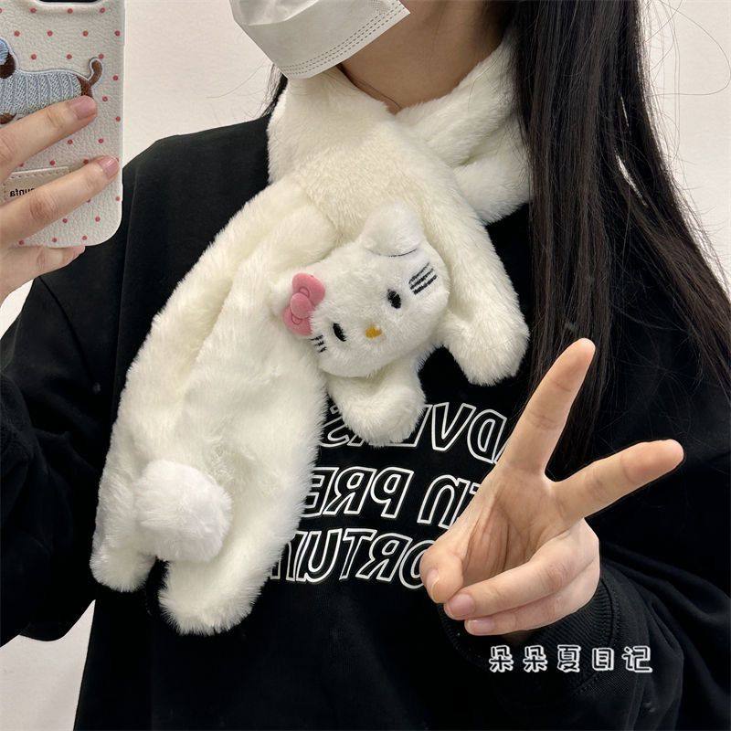 可爱卡通小猫毛绒围巾交叉冬季新款百搭防寒保暖学生户外骑行围脖