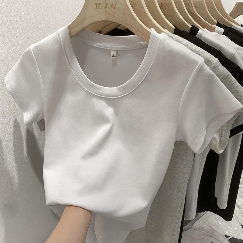 纯色U领t恤女正肩短袖欧