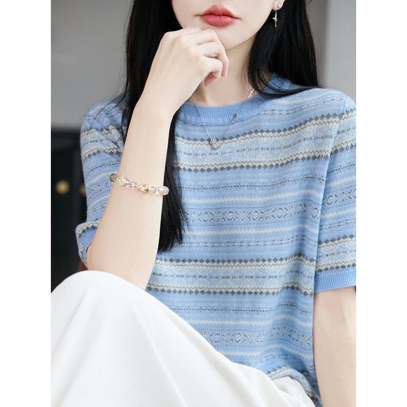 冰丝针织条纹短袖T恤女20