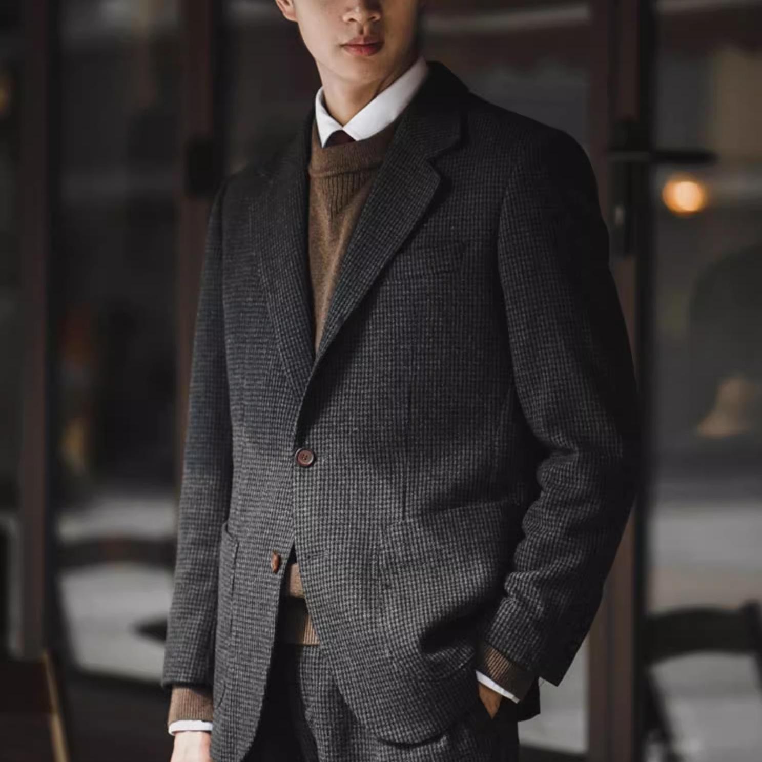 粗花呢复古羊毛西装男