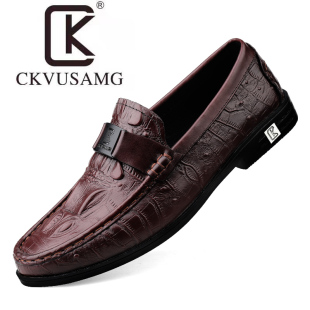 CKVUSAMG男士带跟豆豆鞋真皮2025新款鳄鱼纹内增高皮鞋休闲男鞋子