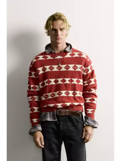 Cabinet 549! Za Early Autumn New Men's Clothing Retro Versatile Geometric Jacquard Loose Knit Sweater 3920656 600
