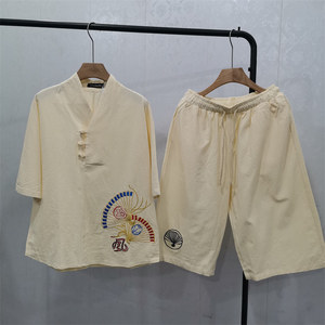 古风青年唐装汉服中国风大码一套夏季佛系男装半截袖棉麻T恤套装
