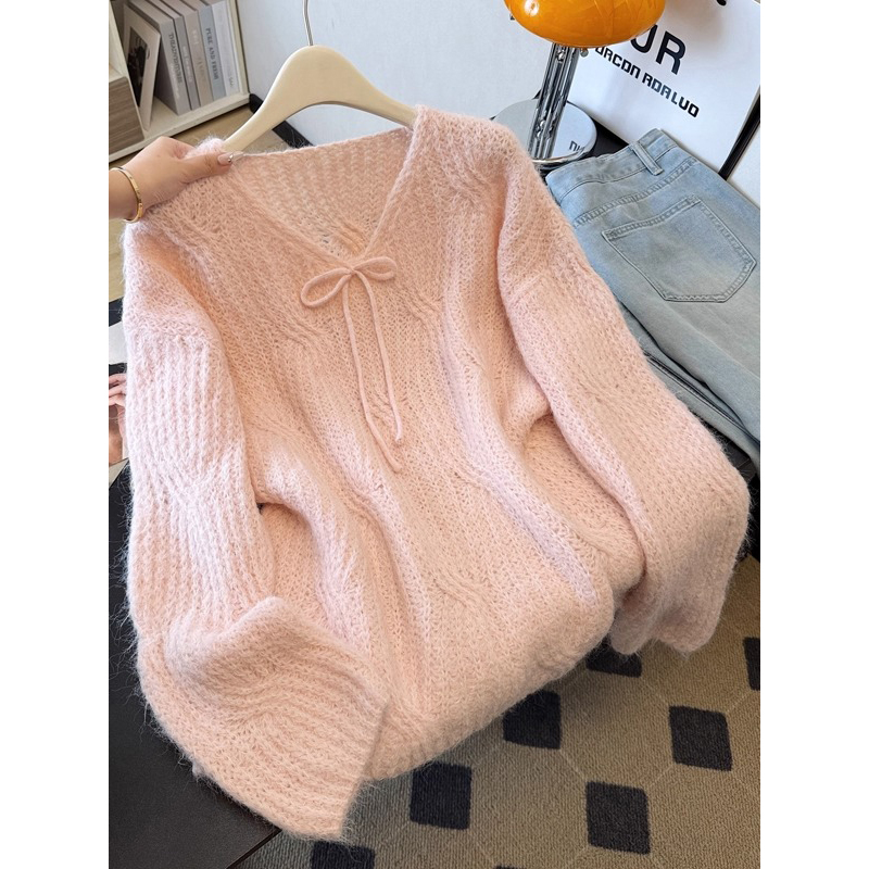 韩系氛围早秋上衣V领系带针织衫