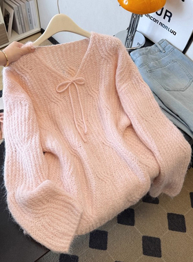 韩系氛围感早秋上衣V领系带针织衫女新款温柔甜美风毛衣外穿上衣