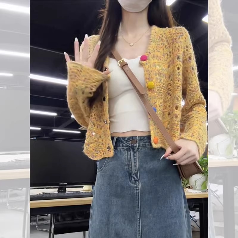 法式镂空黄色小个子穿搭小香风短款毛衣外套开衫女春秋款针织上衣