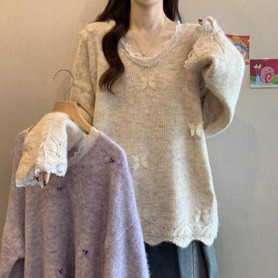 蕾丝花边蝴蝶设计感内搭毛衣紫色外套女春秋冬大码显瘦针织衫上衣