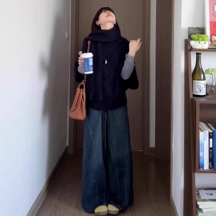 法式复古麻花藏青色堆堆领针织高领斗篷女秋冬慵懒风宽松披肩上衣