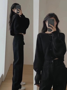 黑色短款毛衣开衫女秋冬慵懒风高级感网红炸街盐系小个子针织上衣