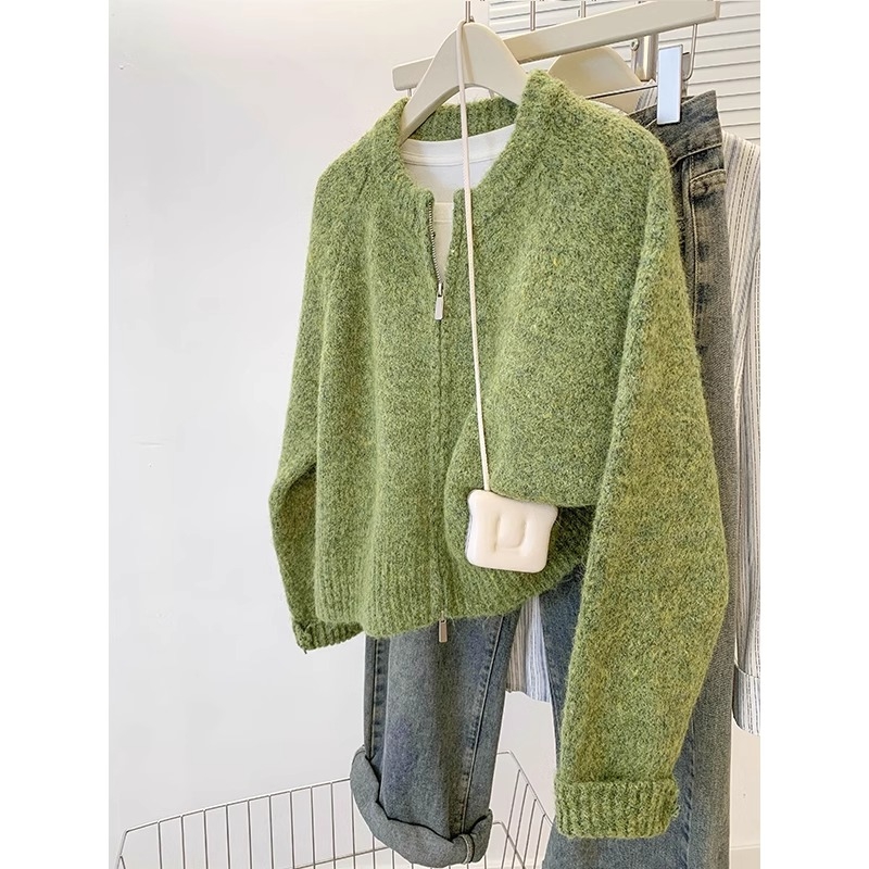 韩系复古miu系浅苔绿针织开衫