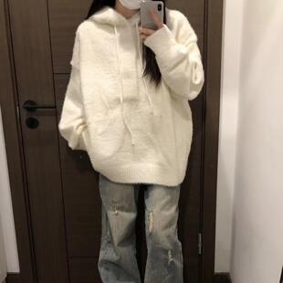 加厚版！慵懒风白色连帽水貂绒套头毛衣女秋冬新款韩版宽松针织衫