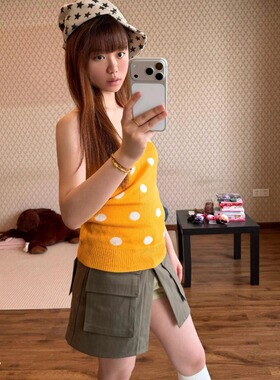 波子汽水美式辣妹橙色波点修身挂脖无袖修身显瘦背心吊带上衣女夏