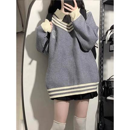 假两件慵懒风打底针织衫小个子学院风百搭秋冬内搭毛衣女韩系减龄