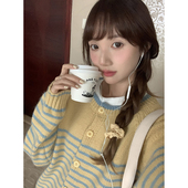 短款 韩系复古条纹毛衣女2025新款 秋冬慵懒风软糯宽松针织开衫 外套