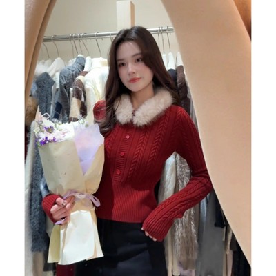 红色毛领针织衫小众短款上衣