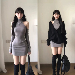 黑色v领套头毛衣女秋冬宽松慵懒上衣高领露肩包臀连衣裙两件套装