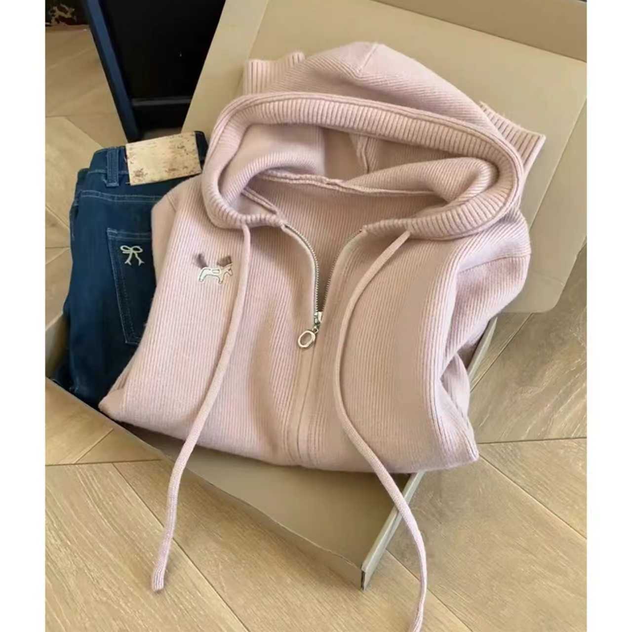 韩系甜美连帽拉链针织开衫毛衣女