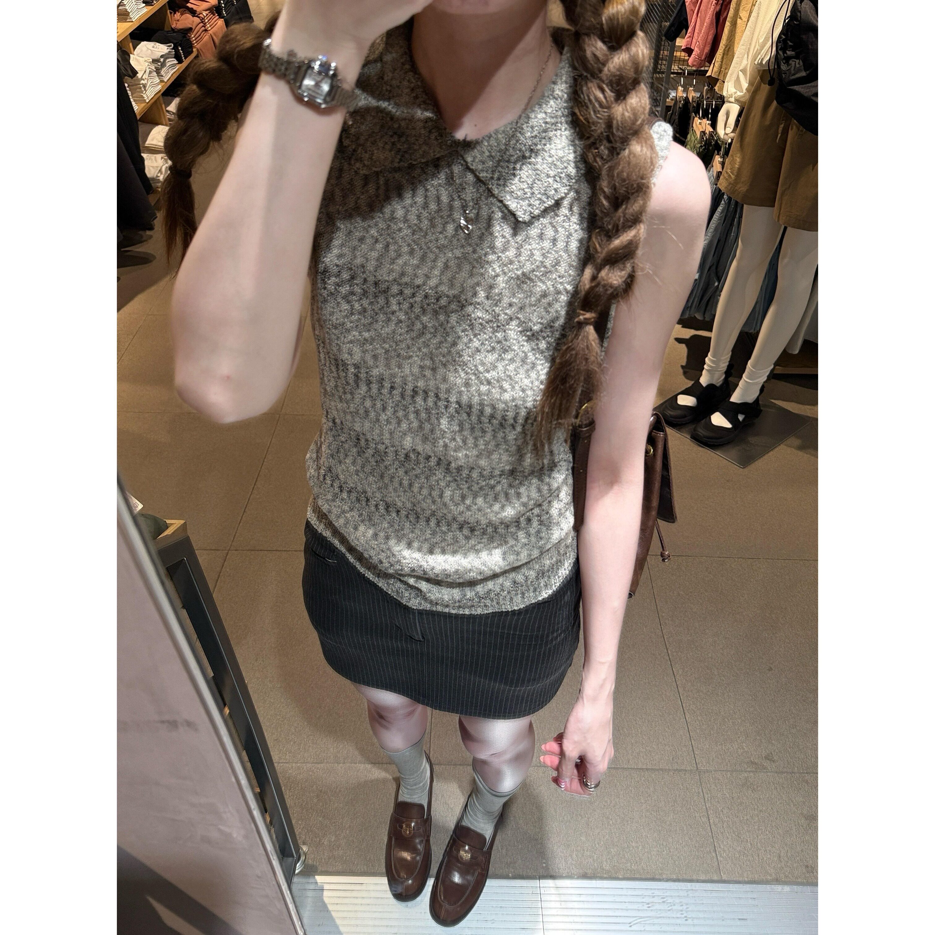 韩系花灰针织polo翻领无袖t恤女夏季设计感独特漂亮坎肩麻花上衣