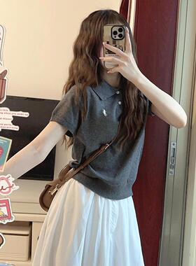 韩版polo领灰色短袖t恤针织上衣女夏季休闲百搭刺绣复古针织衫女