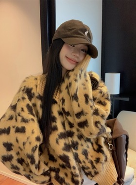 洋气豹纹长袖毛衣开衫外套女秋季2025新款针织衫慵懒宽松上衣加厚