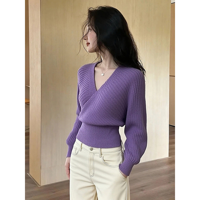 小个子法式温柔风紫色V领针织衫