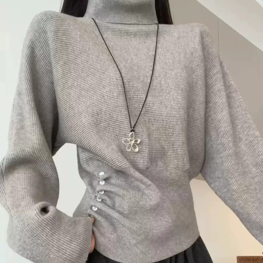 灰色高领修身针织打底衫女外穿图片