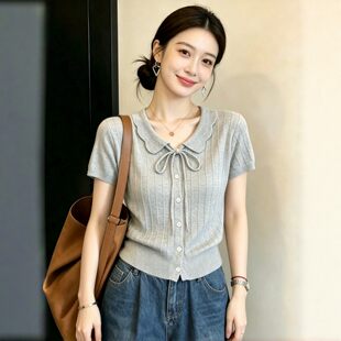 灰色翻领短袖针织开衫女款2026新款夏季女士系带薄款独特漂亮上衣