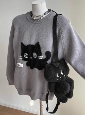 2024年秋季女小个子减龄可爱圆领小猫学院风宽松显瘦长袖针织毛衣