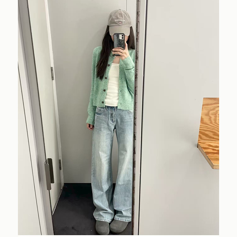 韩系气质绿色针织开衫女