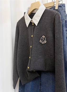 2024早秋返校穿搭新款毛衣外套女春秋短款针织开衫假两件好看上衣