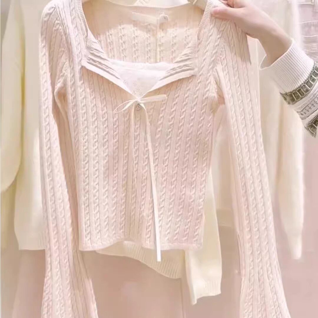 法式粉色麻花针织打底衫女春季2026新款蕾丝系带毛衣修身内搭上衣