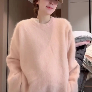 上衣女 胖mm宽松显瘦针织衫 大码 温柔慵懒风粉色圆领毛衣女秋冬新款