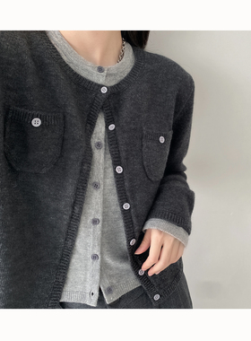 秋冬季韩版撞色假两件设计感小众针织开衫女拼接灰色毛衣上衣外套