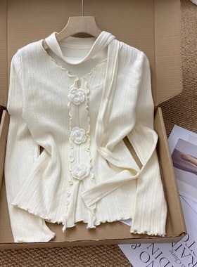 立体花朵v领飘带挂脖长袖针织衫女秋冬修身内搭短款不规则打底衫