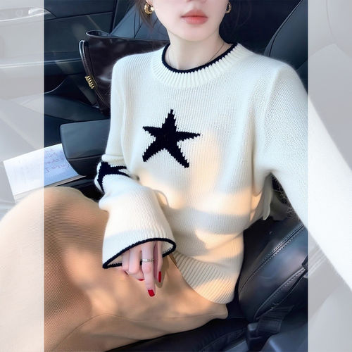 白色五角星提花高知秋款针织衫