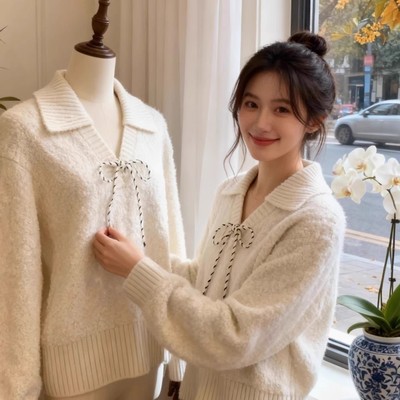 韩系软糯翻领绑带保暖毛衣