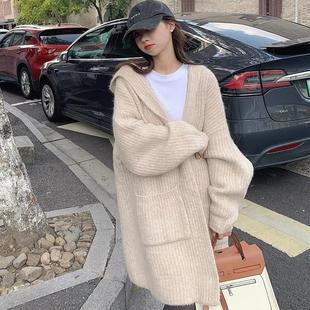 中长款 上衣 慵懒风连帽毛衣外套女早秋冬新款 宽松遮肉穿搭针织开衫