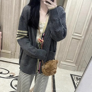返校穿搭韩系学院风毛衣外套女宽松慵懒风灰色针织开衫 秋冬季 上衣