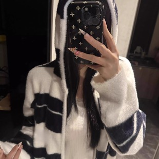 宽松拼色美式 小众软糯风连帽针织开衫 学院风复古通勤百搭上衣早秋