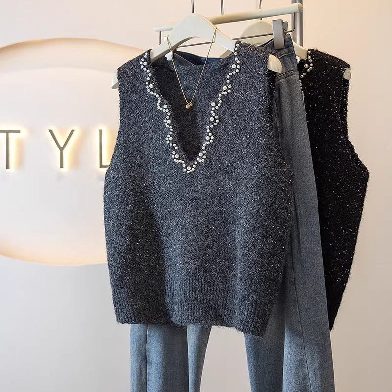 法式小香风V领重工钉珠背心女春装氛围感时尚气质显瘦针织衫马甲,女装/女士精品,马夹,淘宝优惠券,粉丝福利购,淘宝优惠卷