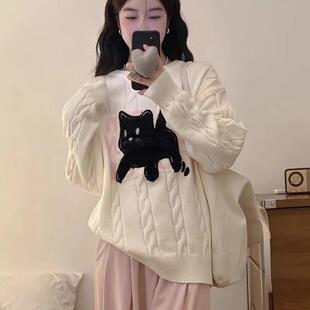 绵羊绒深秋初冬穿搭女2024年新款温柔风套头猫咪保暖外穿针织上衣