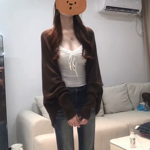 慵懒松弛感咖色宽松针织外搭开衫女秋天氛围感蝙蝠袖披肩毛衣外套